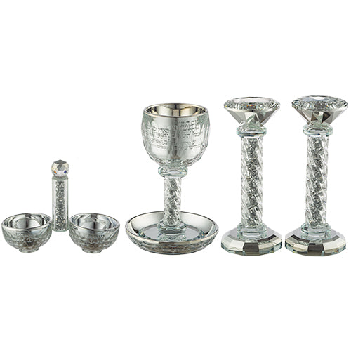 סט גביע קידוש + פמוטים + מלחייה מקריסטל עם אבנים כסף