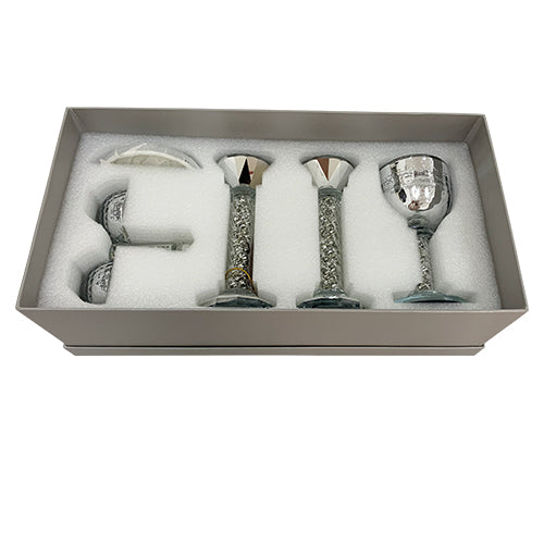 סט גביע קידוש + פמוטים + מלחייה מקריסטל עם אבנים כסף