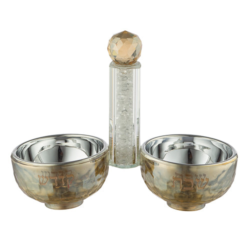 סט גביע קידוש + פמוטים + מלחייה מקריסטל עם אבני